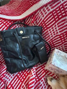 Nine West Black Leather Tote with Matching Pouch